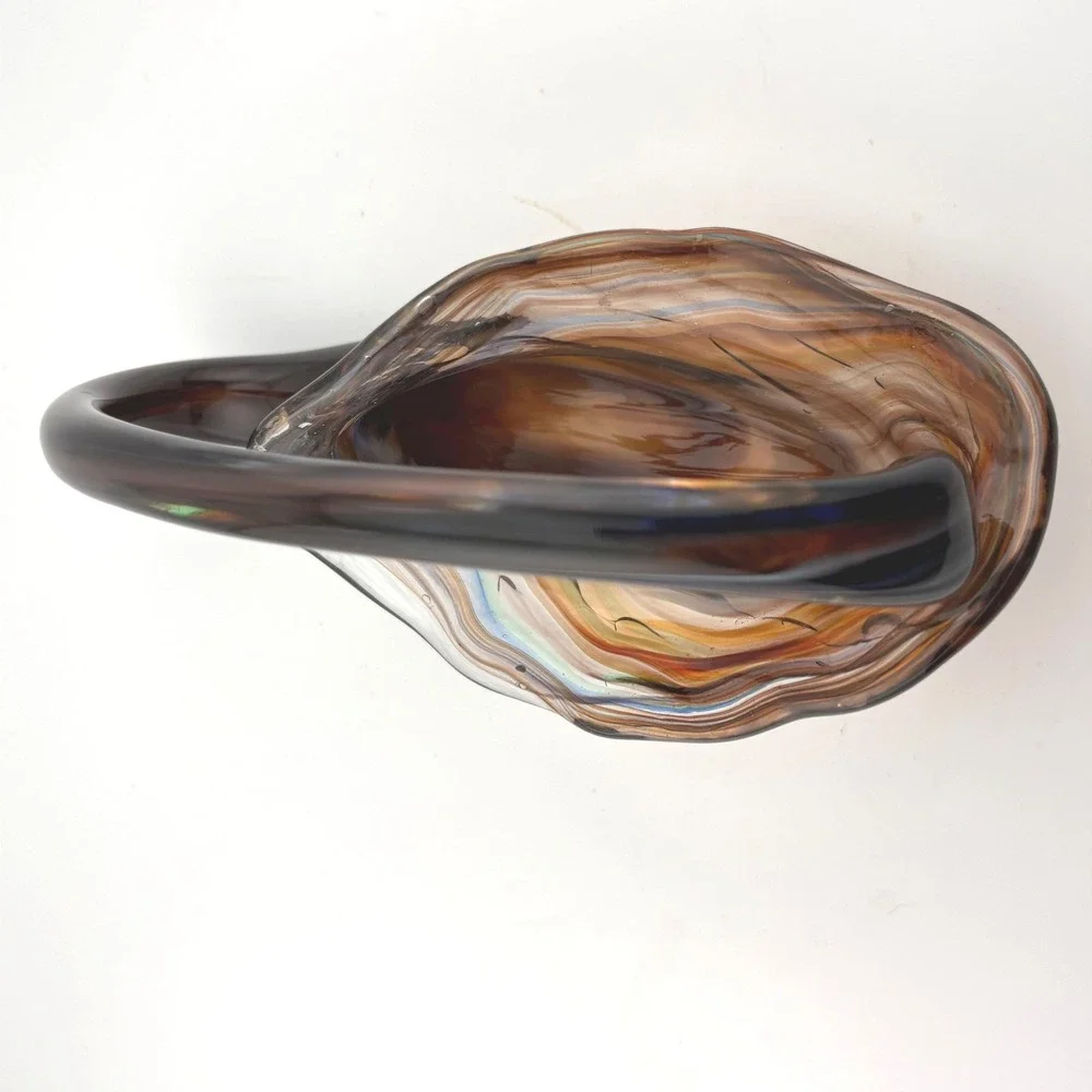 Vintage Hand Blown Art Glass Basket Amber Brown Swirl Pulled Handle MCM Decor